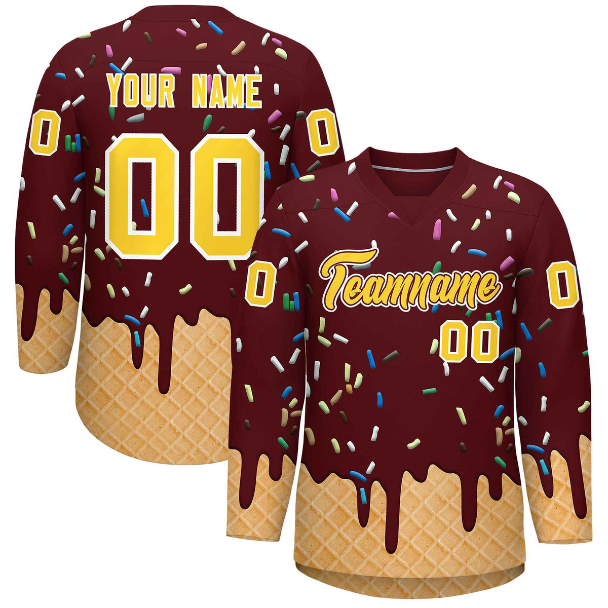 Custom Burgundy Gold Ice Cream Pattern Personalized V-Neck Hockey Jersey