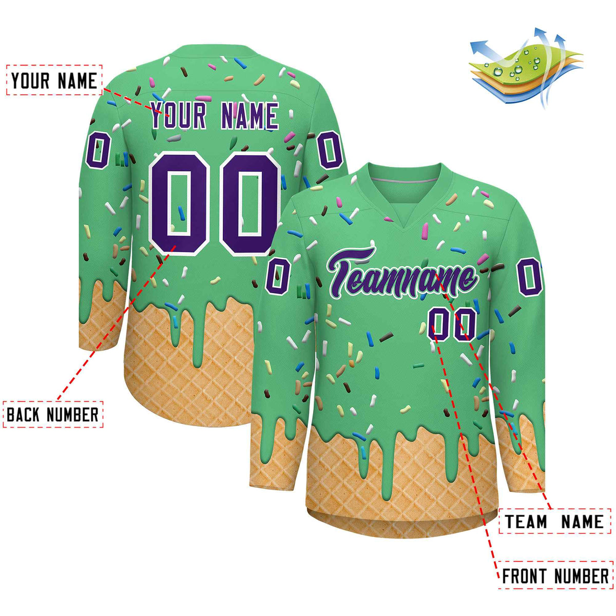 Custom Neon Green Purple Ice Cream Pattern Personalized V-Neck Hockey Jersey