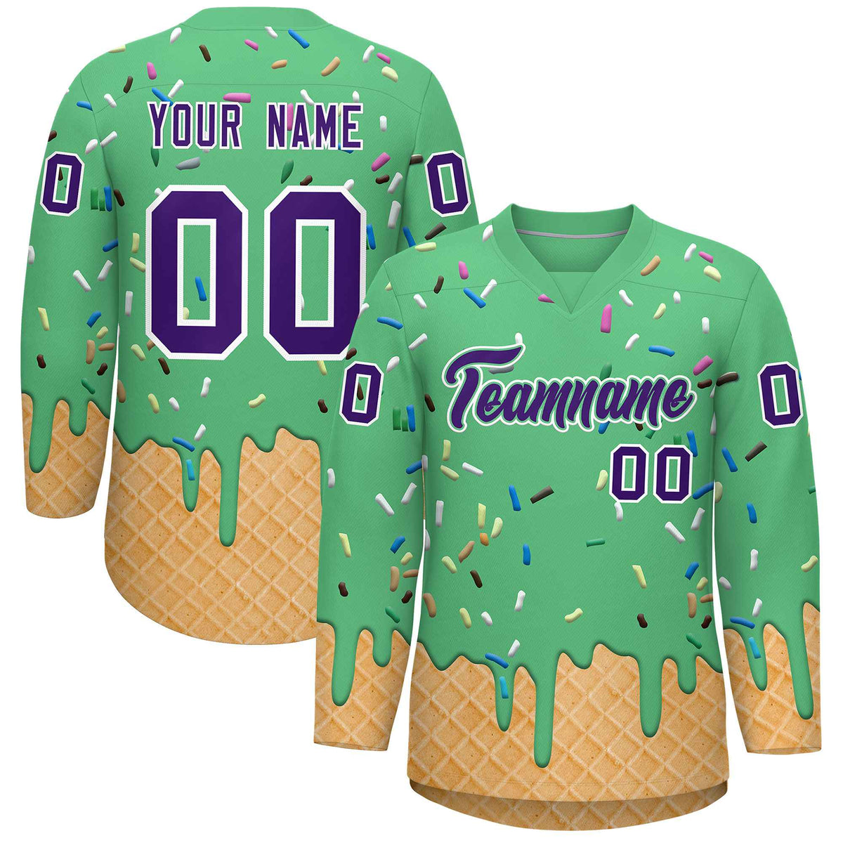 Custom Neon Green Purple Ice Cream Pattern Personalized V-Neck Hockey Jersey