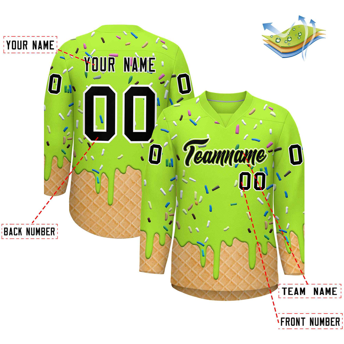 Custom Neon Green Black Ice Cream Pattern Personalized V-Neck Hockey Jersey