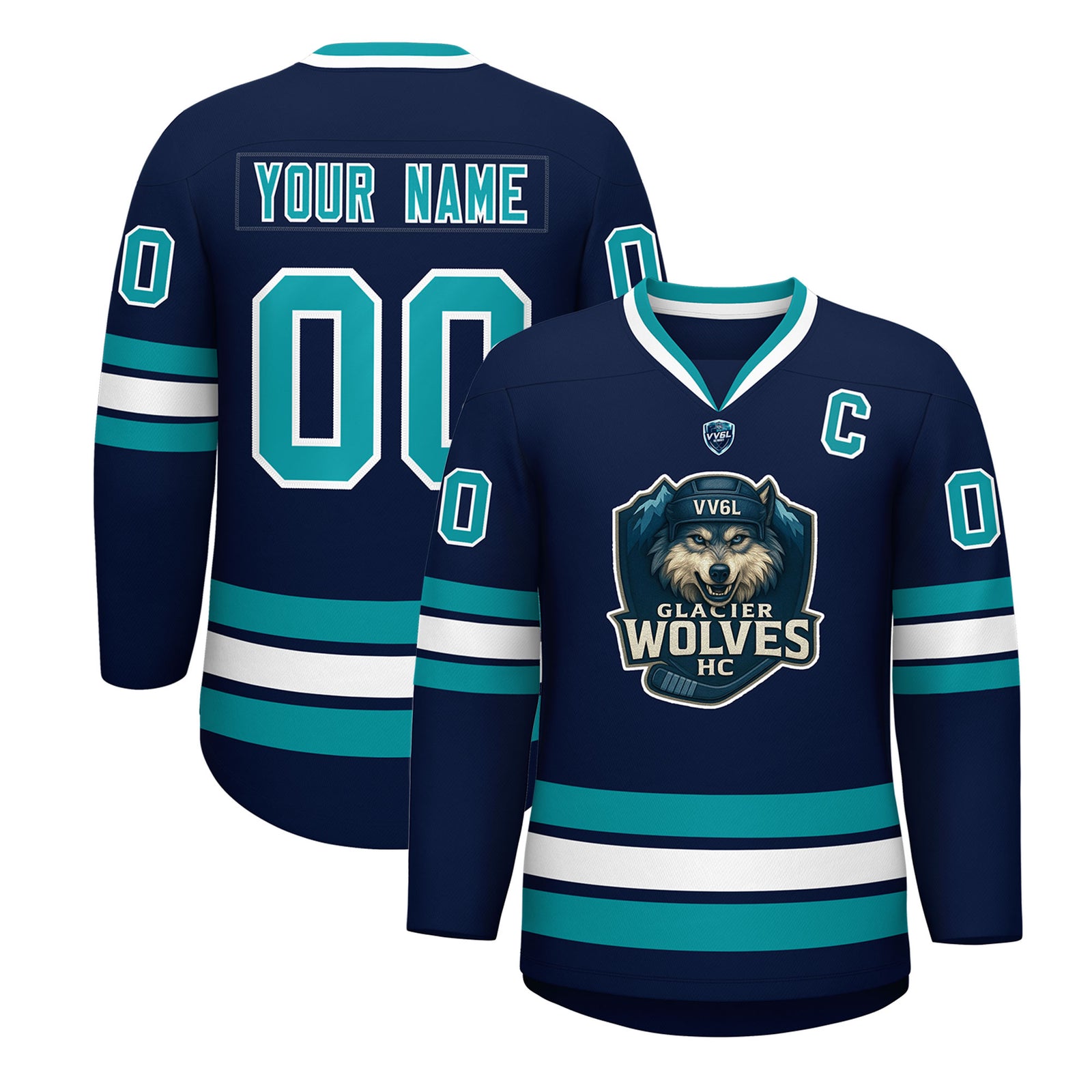 VV6L Custom GLACIER WOLVES HC Navy Hockey Jersey