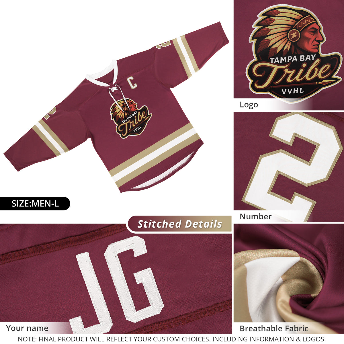 VVHL Custom TEMPA BAY TRIBE  Garnet Hockey Jersey