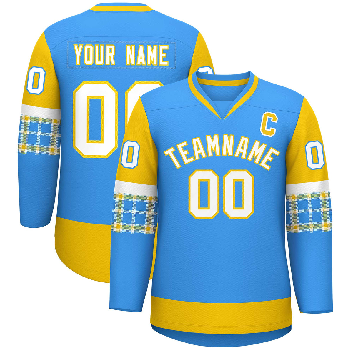 Custom Powder Blue Gold-White Personalized Raglan Sleeves V-Neck Hockey Jersey