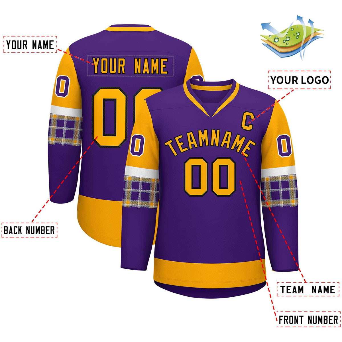 Custom Purple Yellow-Yellow Personalized Raglan Sleeves V-Neck Hockey Jersey