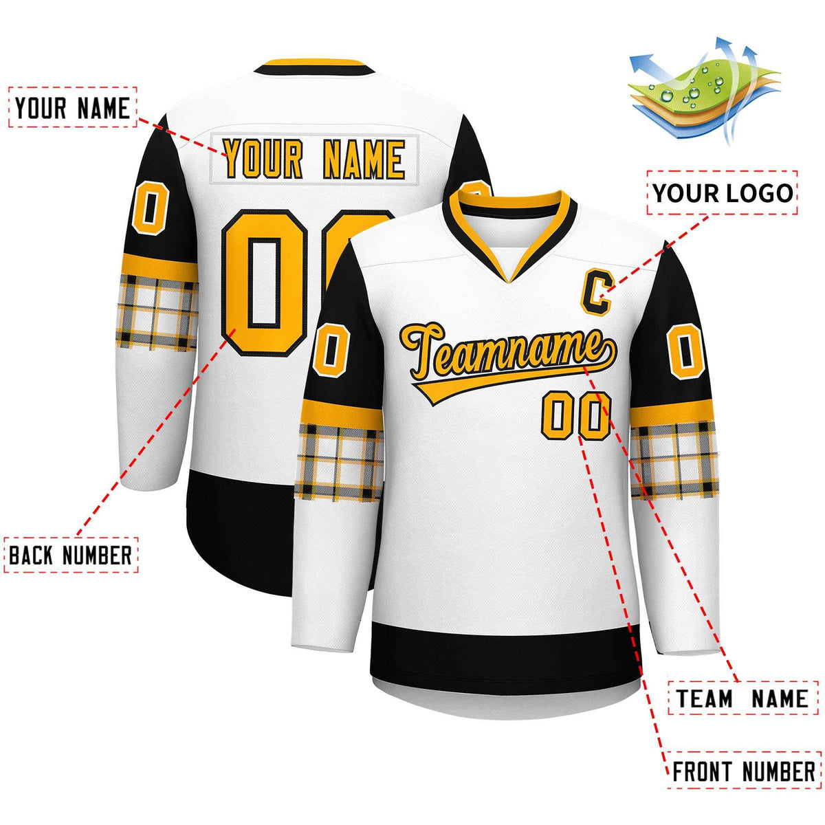 Custom White Black-Yellow Personalized Raglan Sleeves V-Neck Hockey Jersey