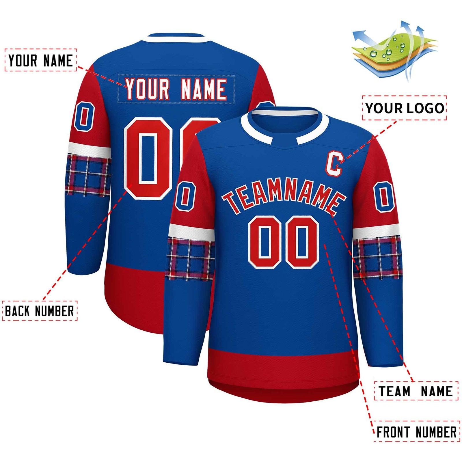 Custom Royal Red Personalized Raglan Sleeves Round-Neck Hockey Jersey