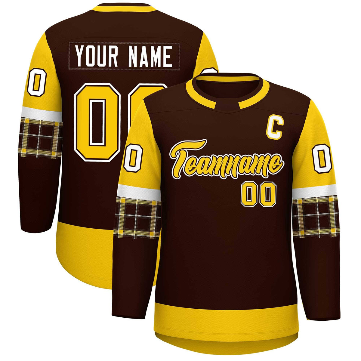 Custom Brown Gold Personalized Raglan Sleeves Round-Neck Hockey Jersey