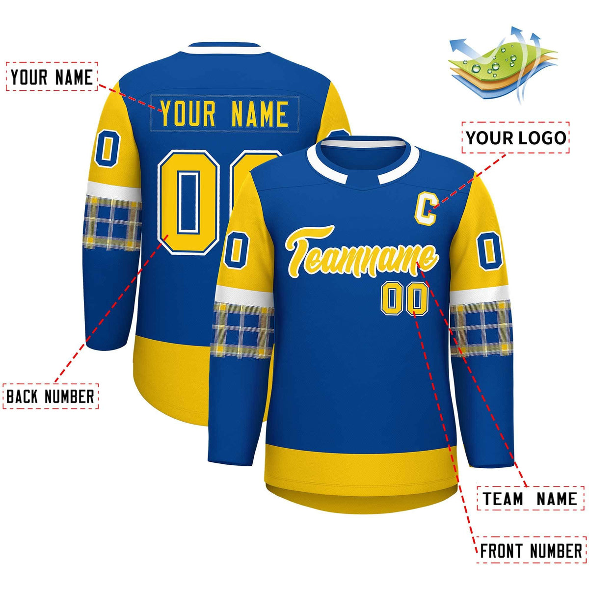 Custom Royal Gold Personalized Raglan Sleeves Round-Neck Hockey Jersey
