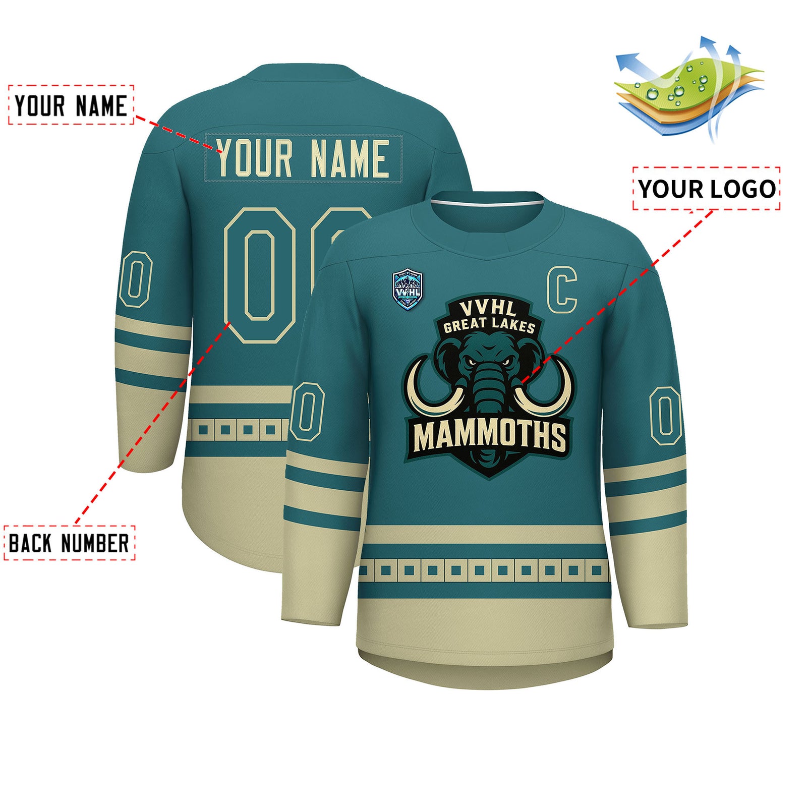 VVHL S9 Great Lakes Mammoths Black Teal Hockey Jersey