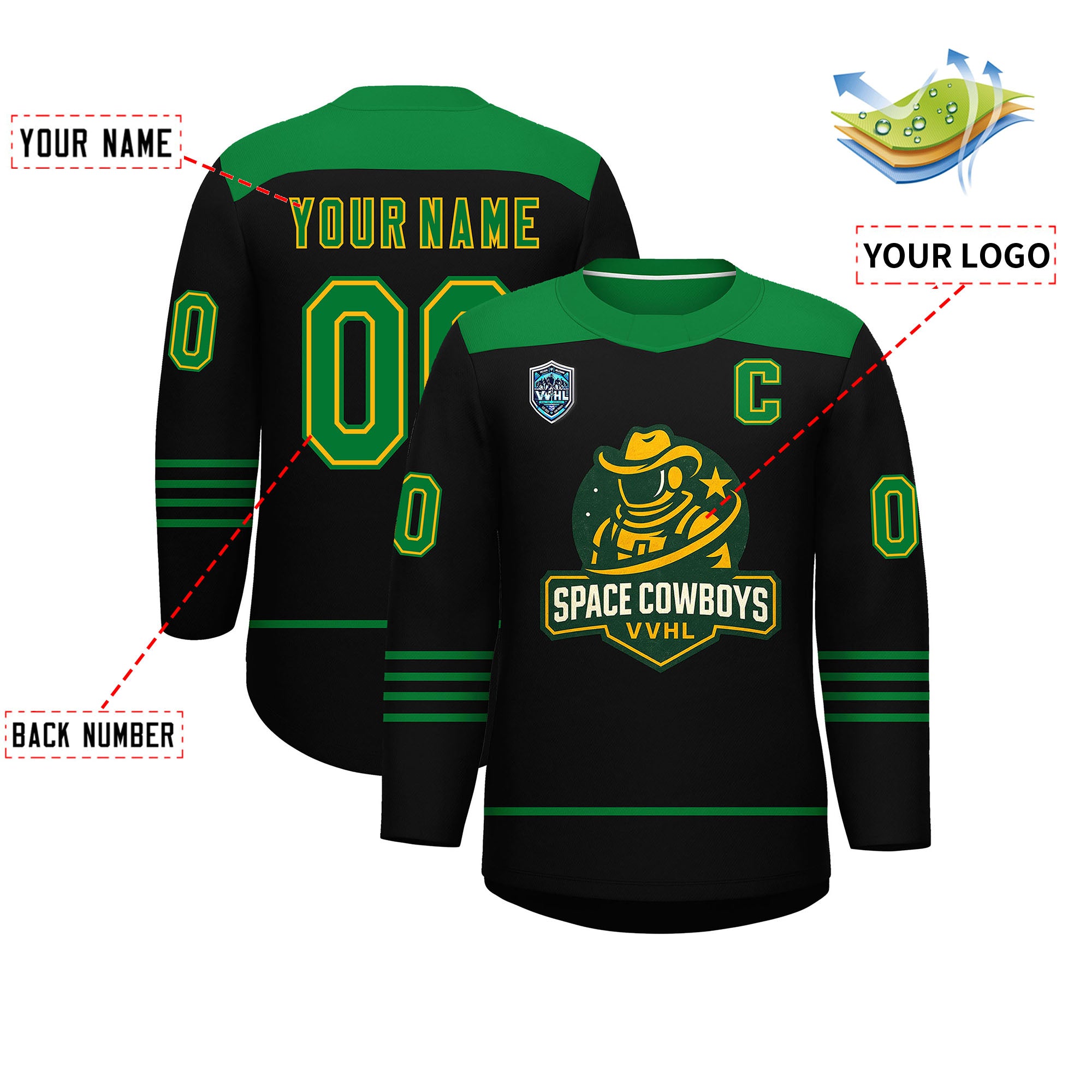 VVHL S9 Space Cowboys Black White Green Hockey Jersey