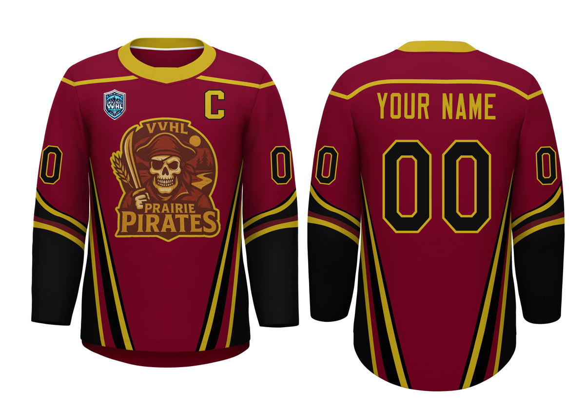 VVHL S9 Prairie Pirates White Black Hockey Jersey