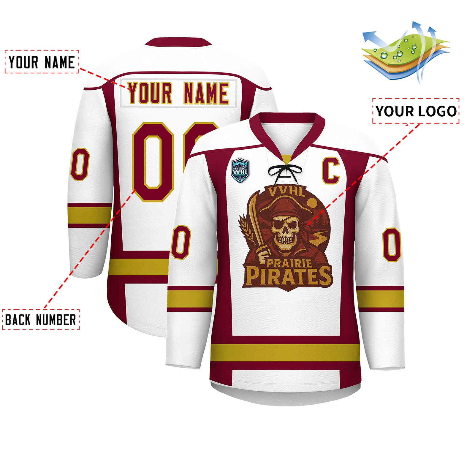 VVHL S9 Prairie Pirates White Black Hockey Jersey