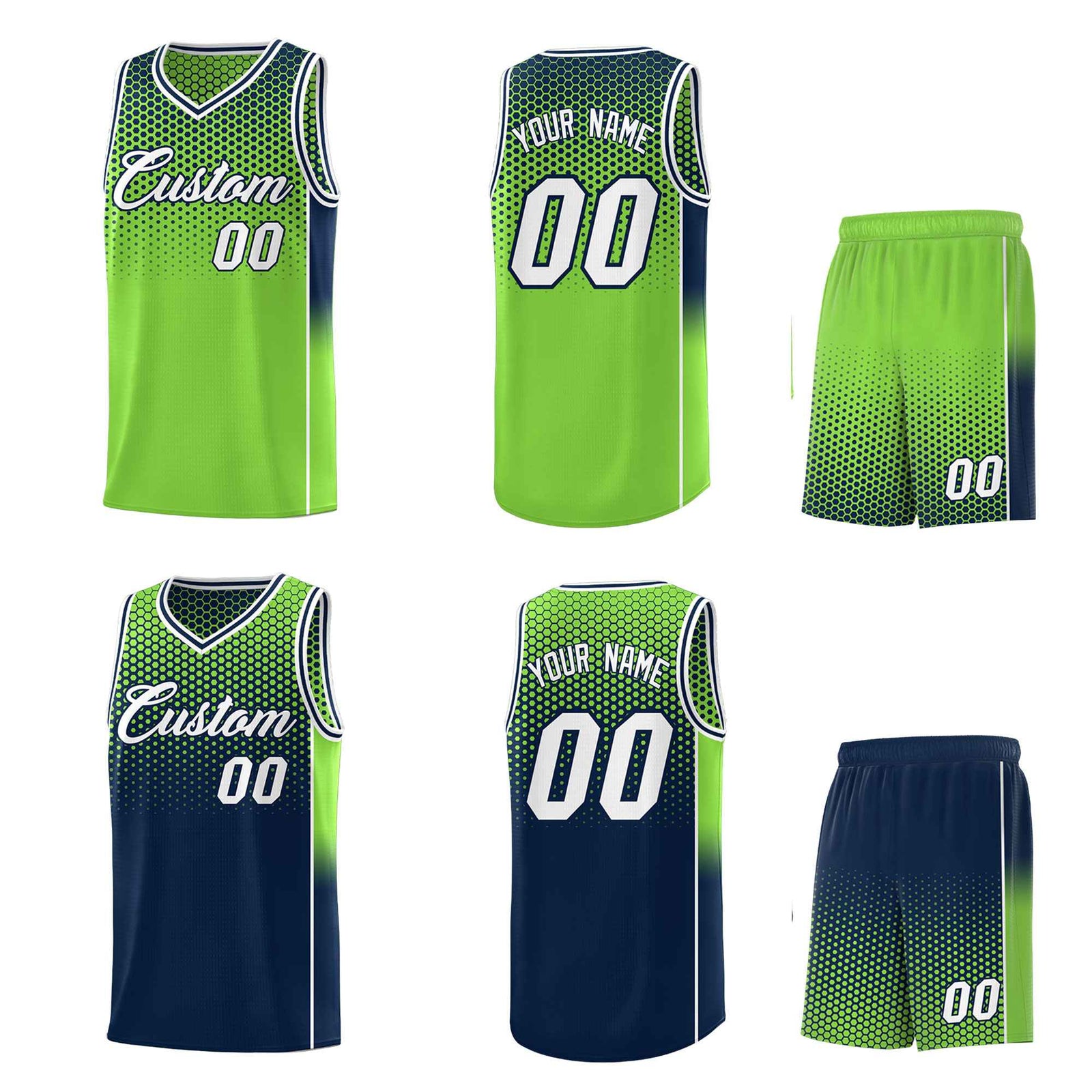 Custom Neon Green Navy Reversible Side Gradient Sports Uniform Dot Pattern Basketball Jersey Kits