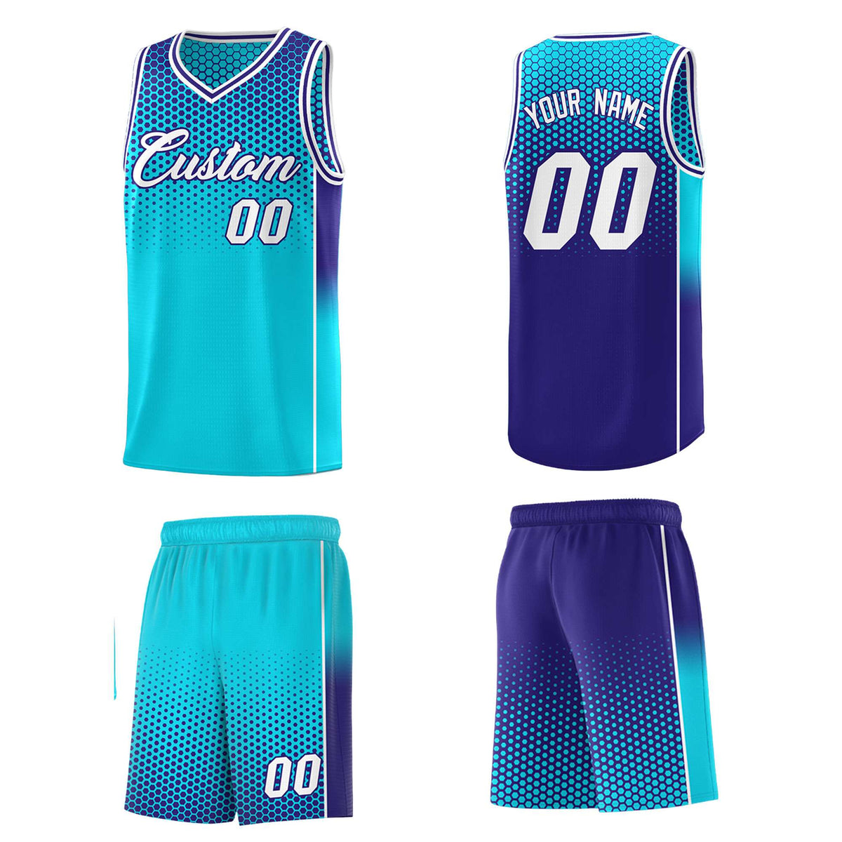 Custom Sky Blue Navy Reversible Side Gradient Sports Uniform Dot Pattern Basketball Jersey Kits