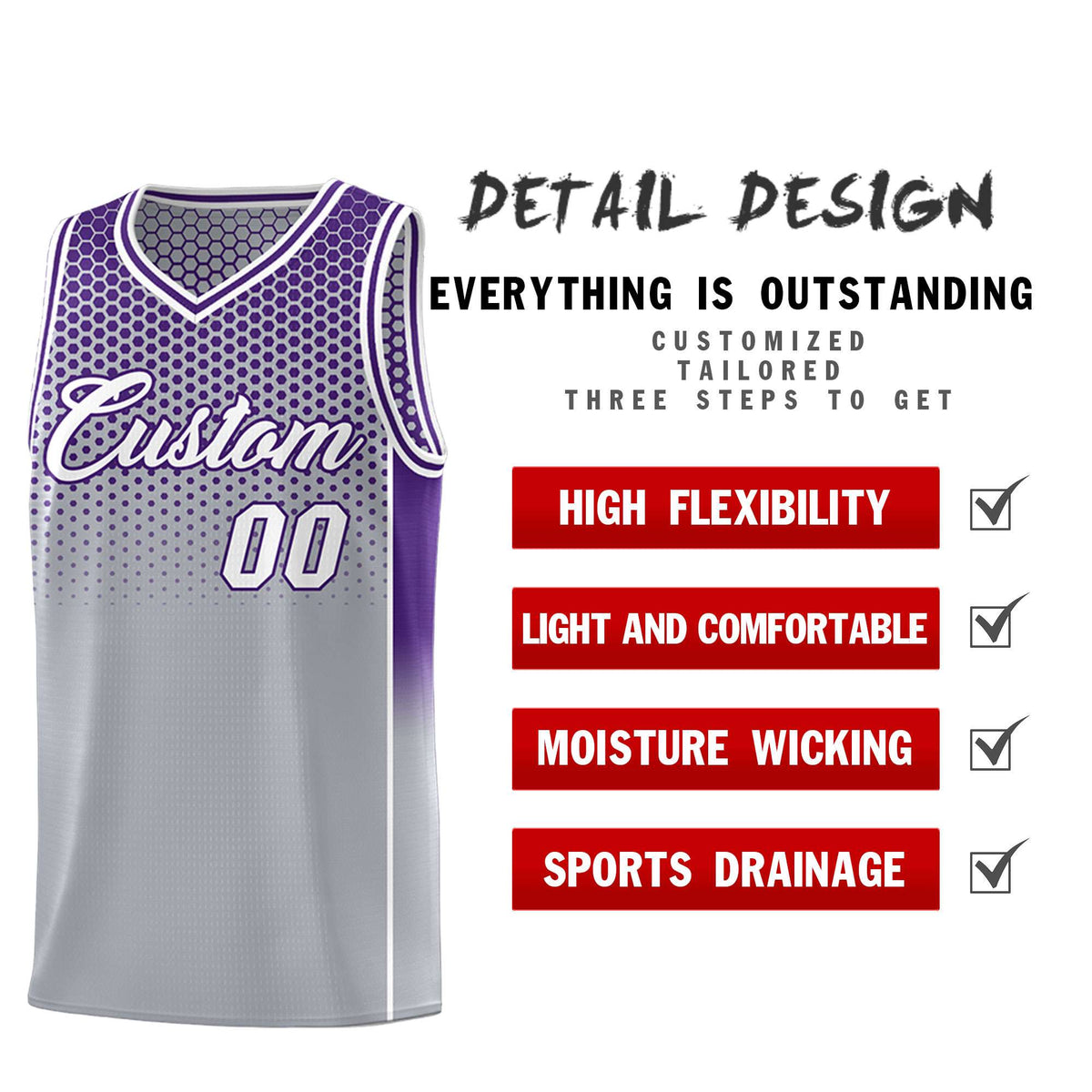 Custom Gray Purple Reversible Side Gradient Sports Uniform Dot Pattern Basketball Jersey Kits