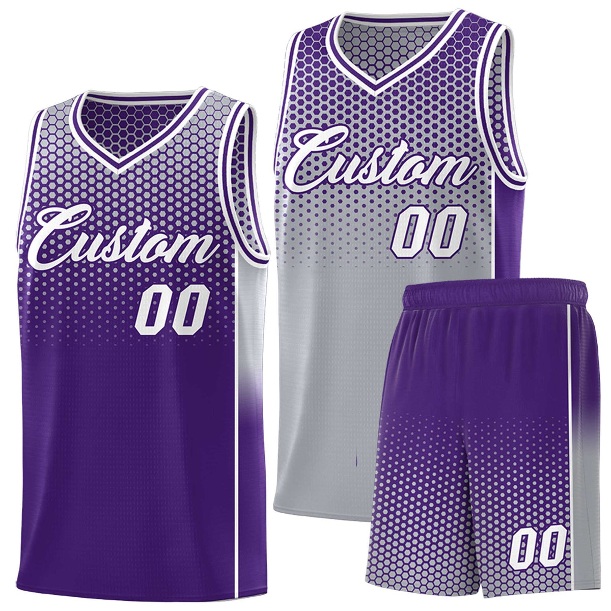 Custom Gray Purple Reversible Side Gradient Sports Uniform Dot Pattern Basketball Jersey Kits