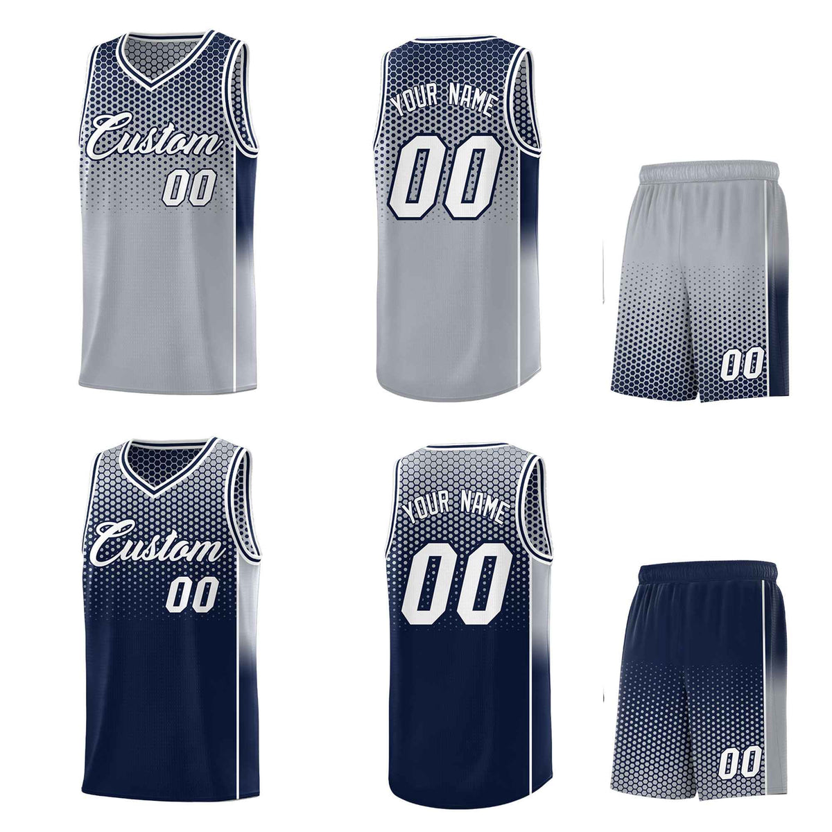 Custom Gray Navy Reversible Side Gradient Sports Uniform Dot Pattern Basketball Jersey Kits