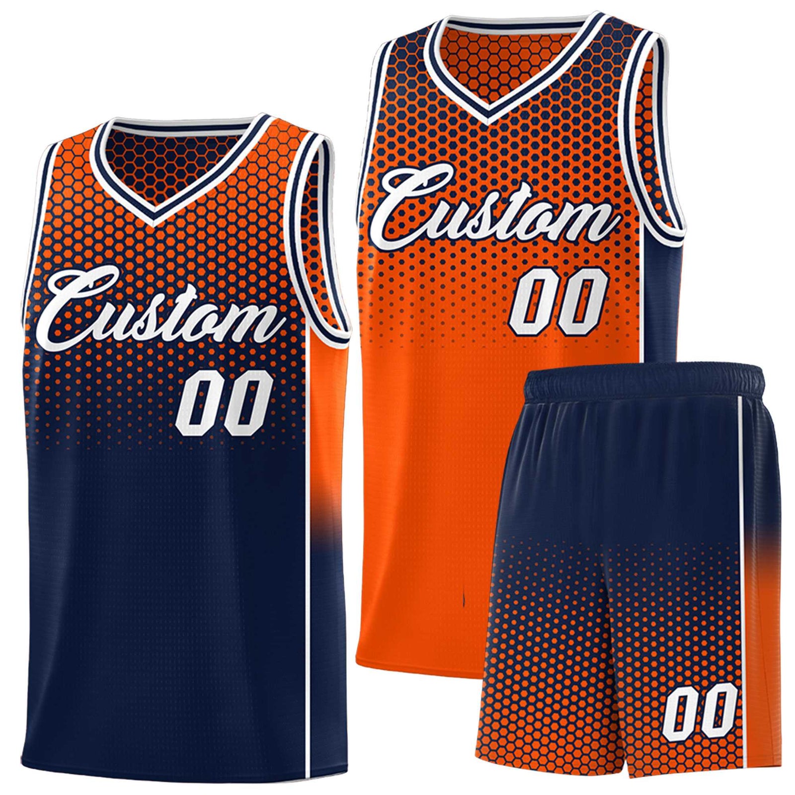 Custom Orange Navy Reversible Side Gradient Sports Uniform Dot Pattern Basketball Jersey Kits