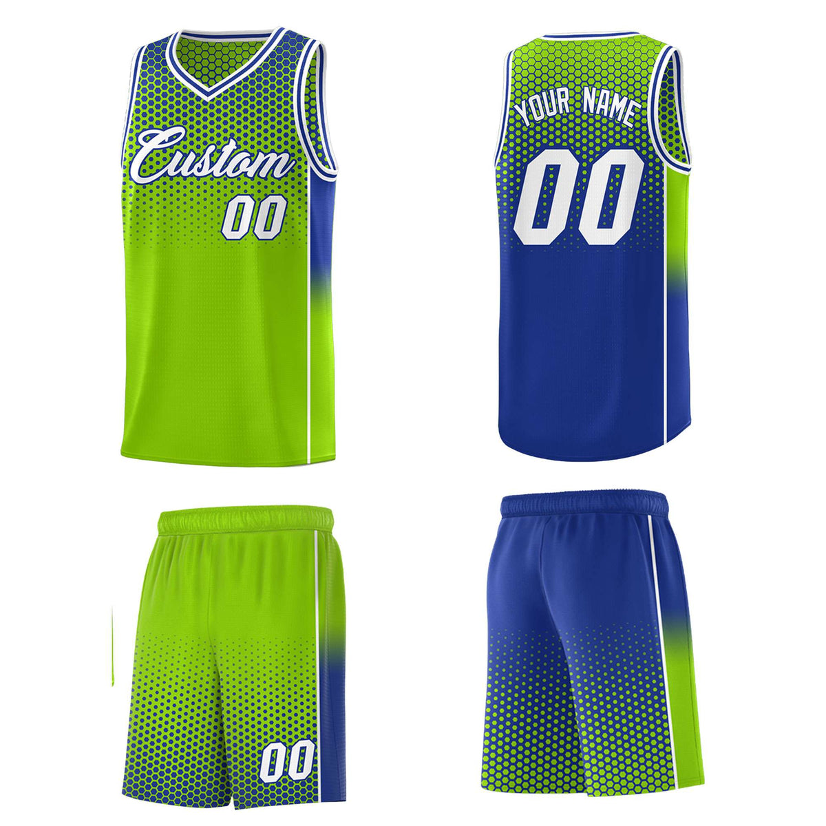 Custom Neon Green Royal Reversible Side Gradient Sports Uniform Dot Pattern Basketball Jersey Kits