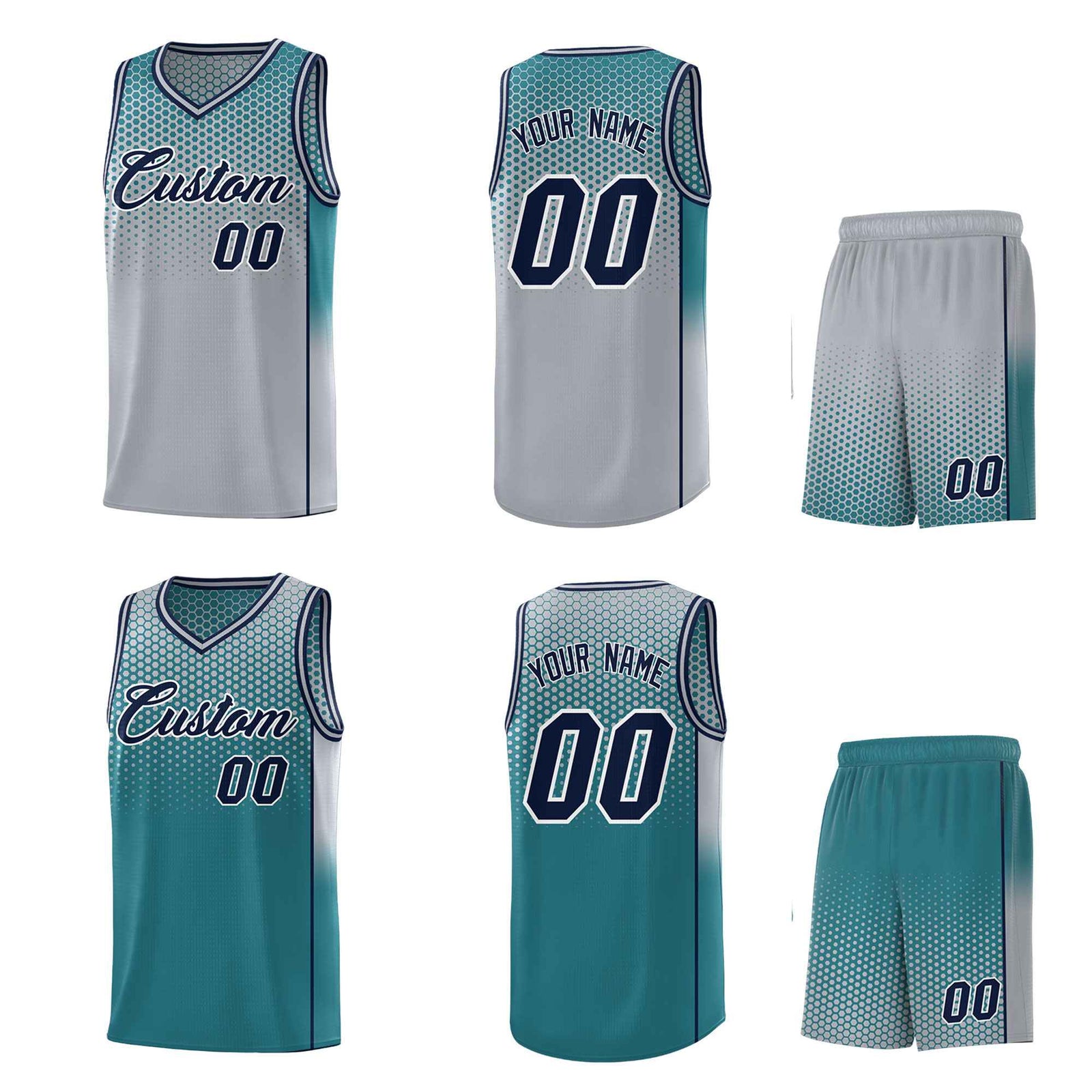 Custom Gray Aqua Reversible Side Gradient Sports Uniform Dot Pattern Basketball Jersey Kits