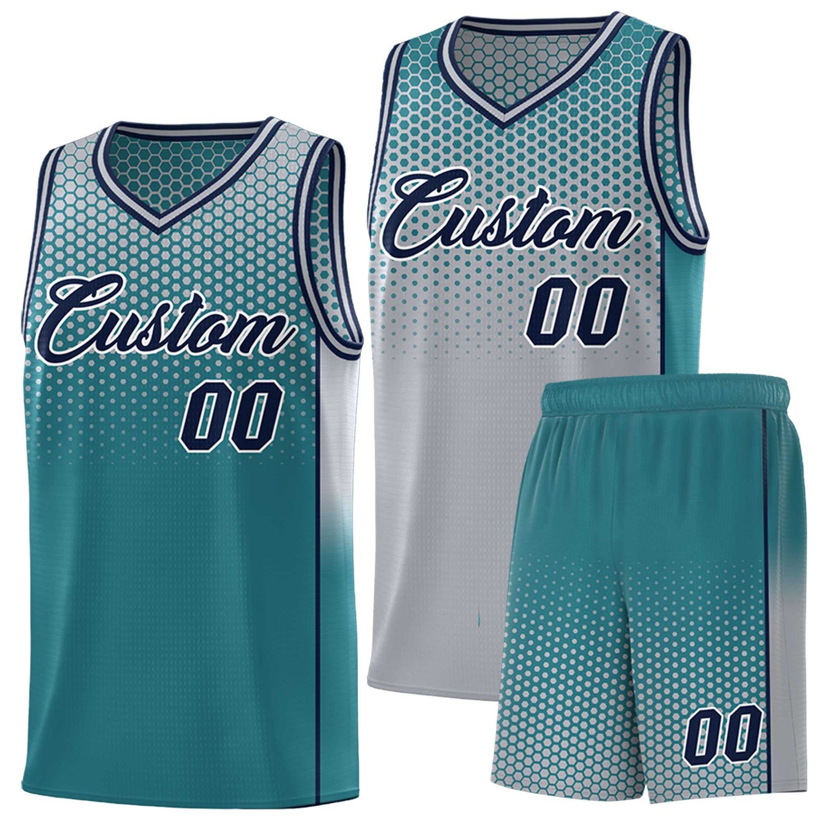 Custom Gray Aqua Reversible Side Gradient Sports Uniform Dot Pattern Basketball Jersey Kits