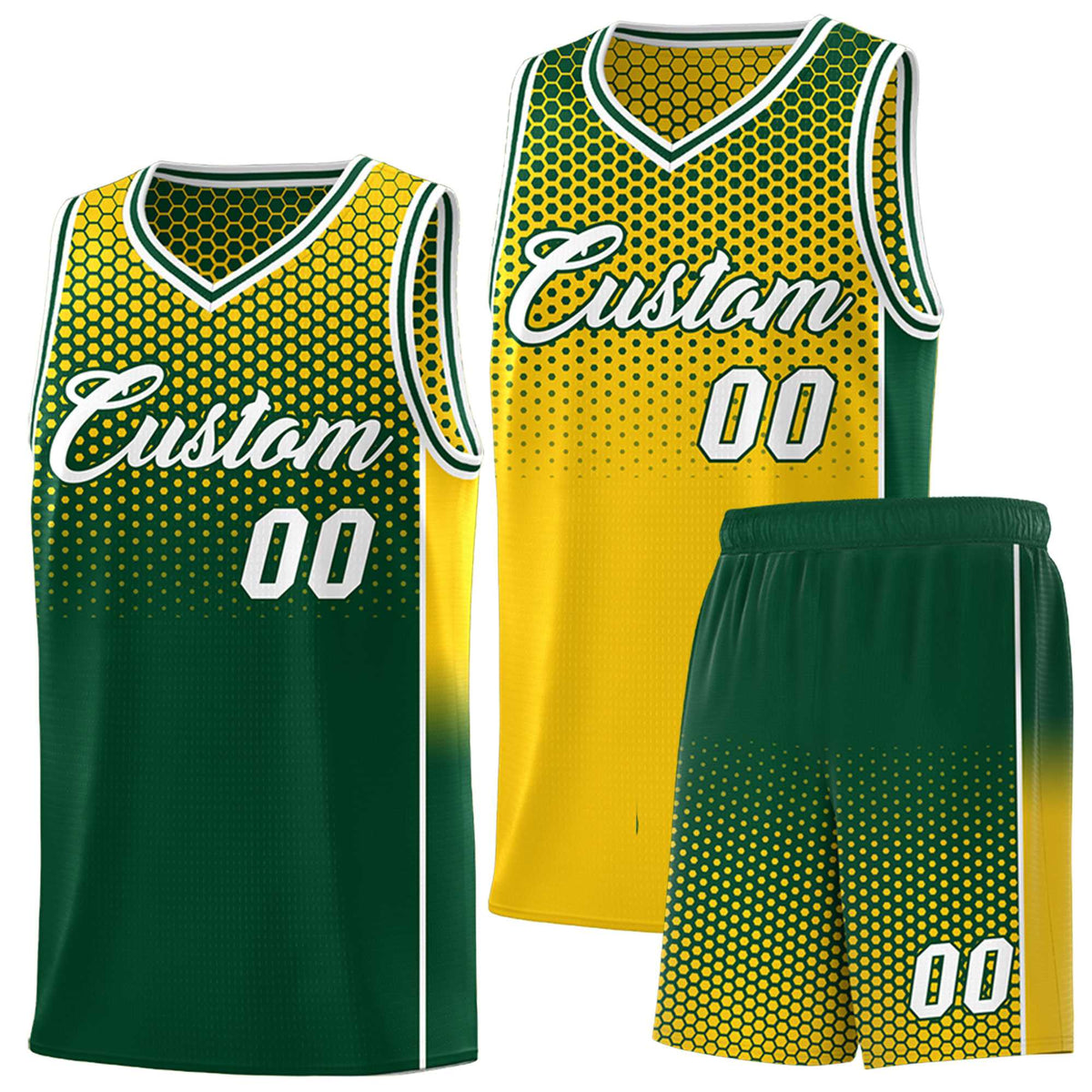 Custom Gold Green Reversible Side Gradient Sports Uniform Dot Pattern Basketball Jersey Kits