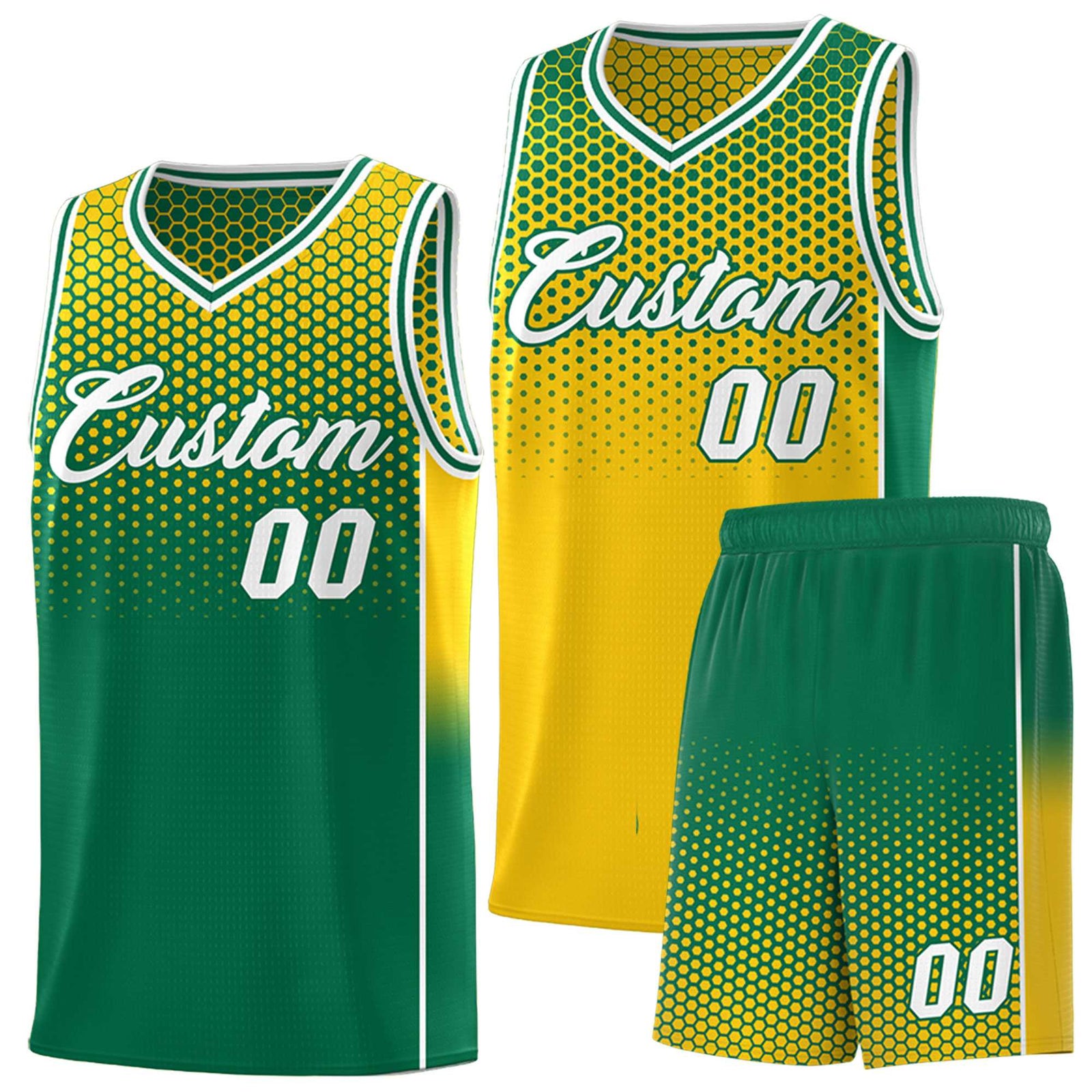 Custom Gold Kelly Green Reversible Side Gradient Sports Uniform Dot Pattern Basketball Jersey Kits