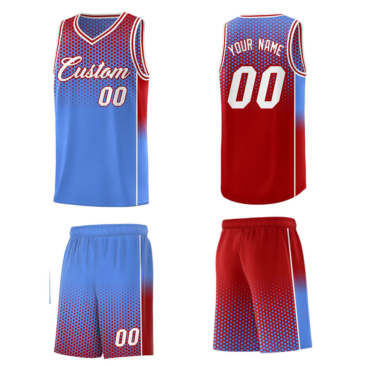 Custom Light Blue Red Reversible Side Gradient Sports Uniform Dot Pattern Basketball Jersey Kits