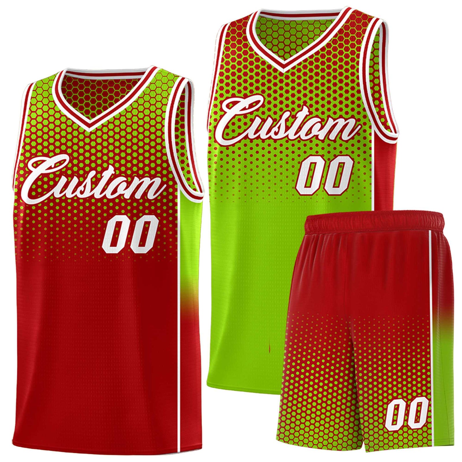 Custom Neon Green Red Reversible Side Gradient Sports Uniform Dot Pattern Basketball Jersey Kits