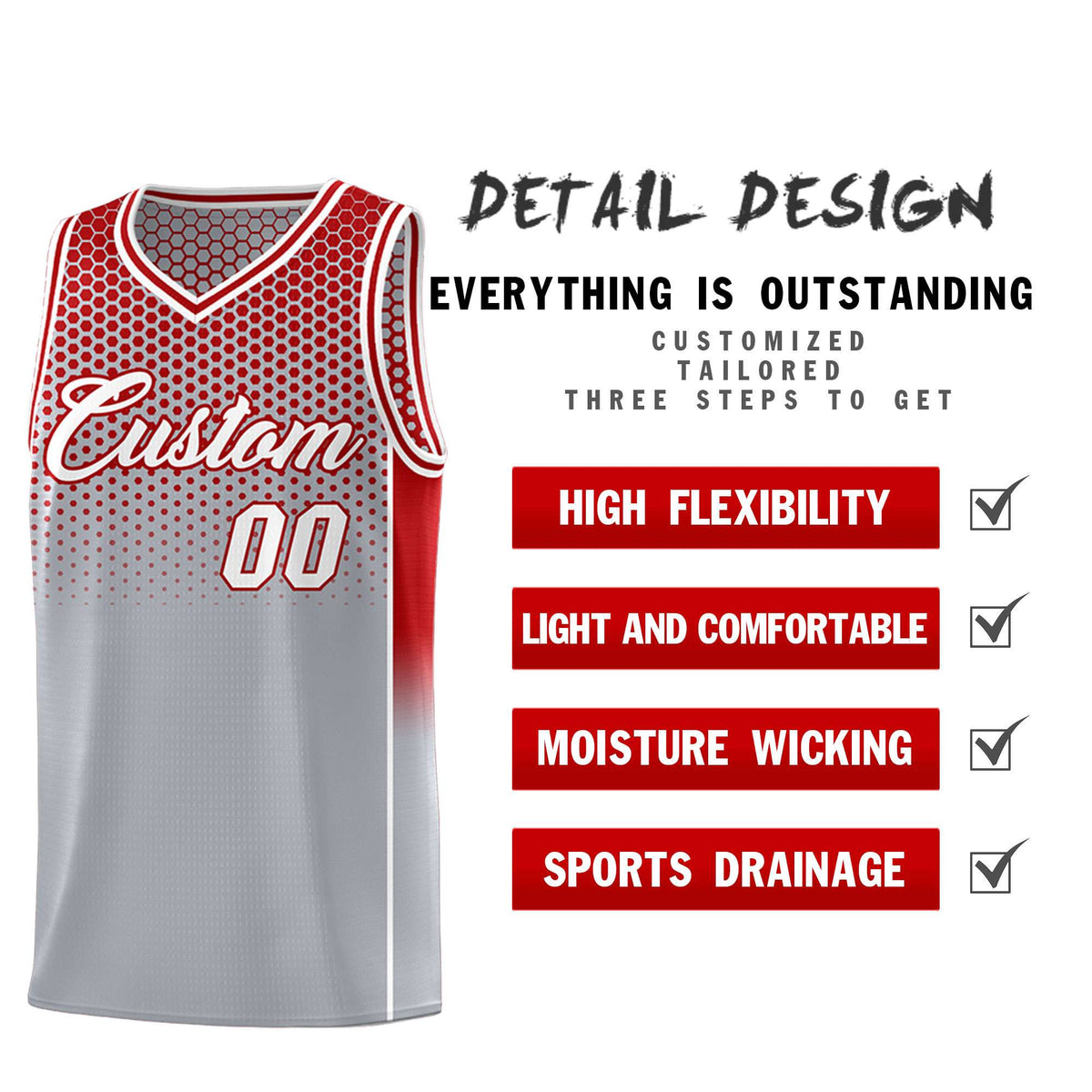 Custom Gray Red Reversible Side Gradient Sports Uniform Dot Pattern Basketball Jersey Kits