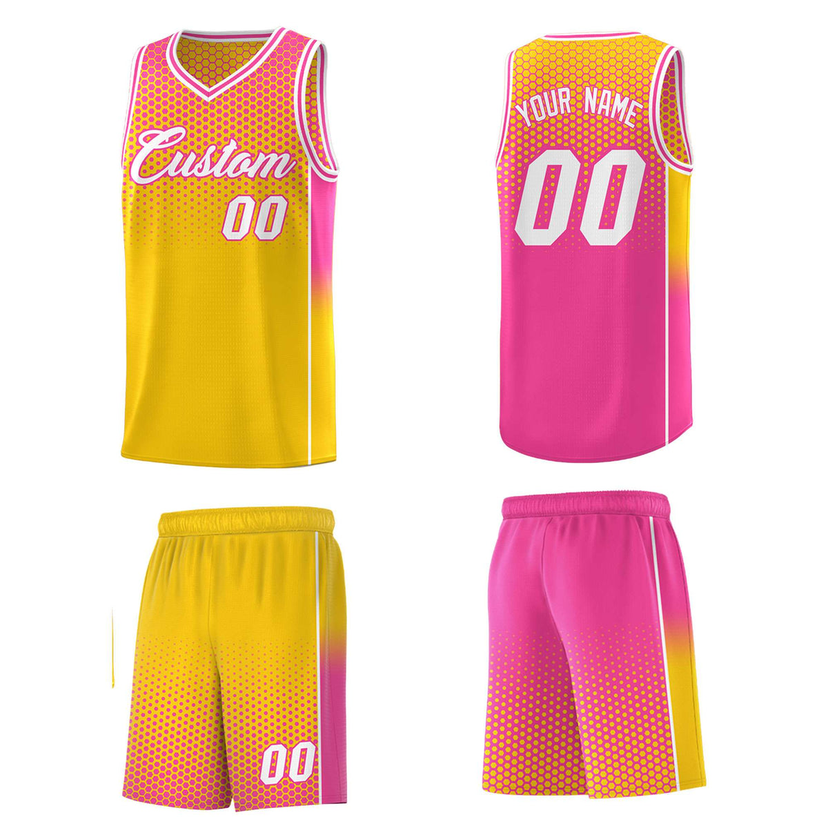 Custom Gold Pink Reversible Side Gradient Sports Uniform Dot Pattern Basketball Jersey Kits