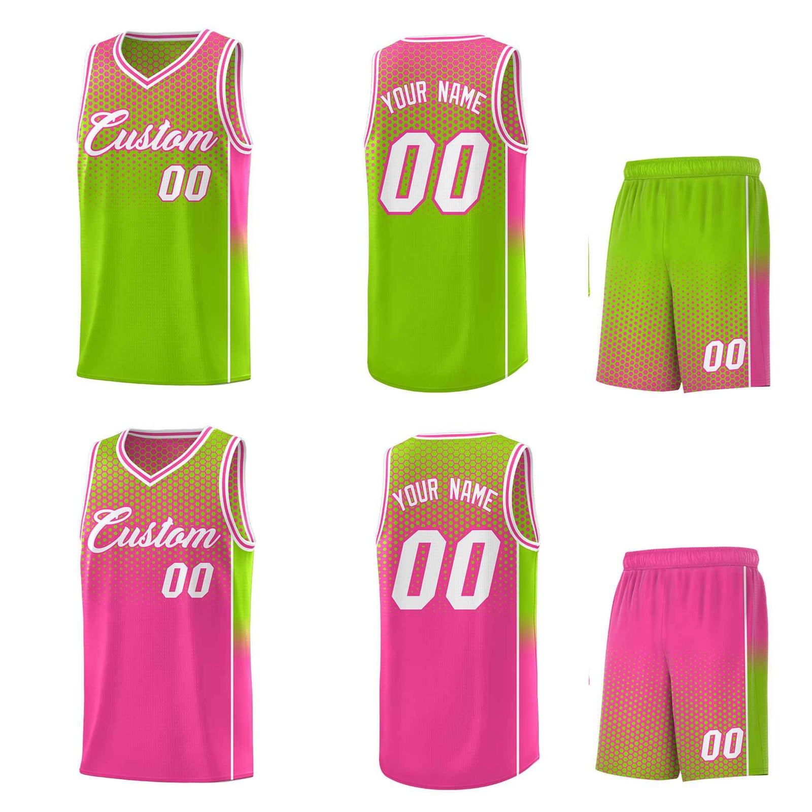 Custom Neon Green Pink Reversible Side Gradient Sports Uniform Dot Pattern Basketball Jersey Kits