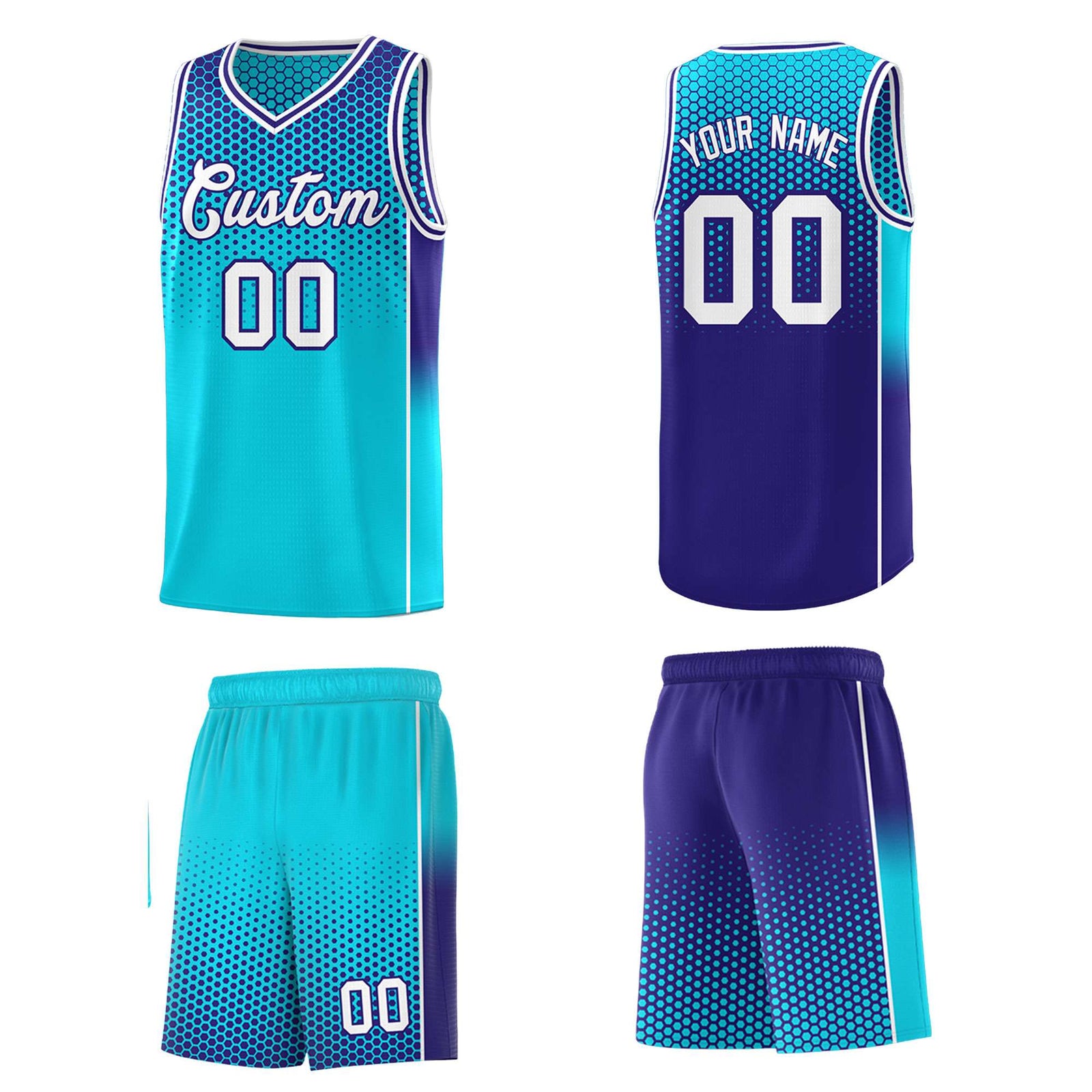 Custom Sky Blue Navy Reversible Side Gradient Sports Uniform Dot Pattern Basketball Jersey Kits