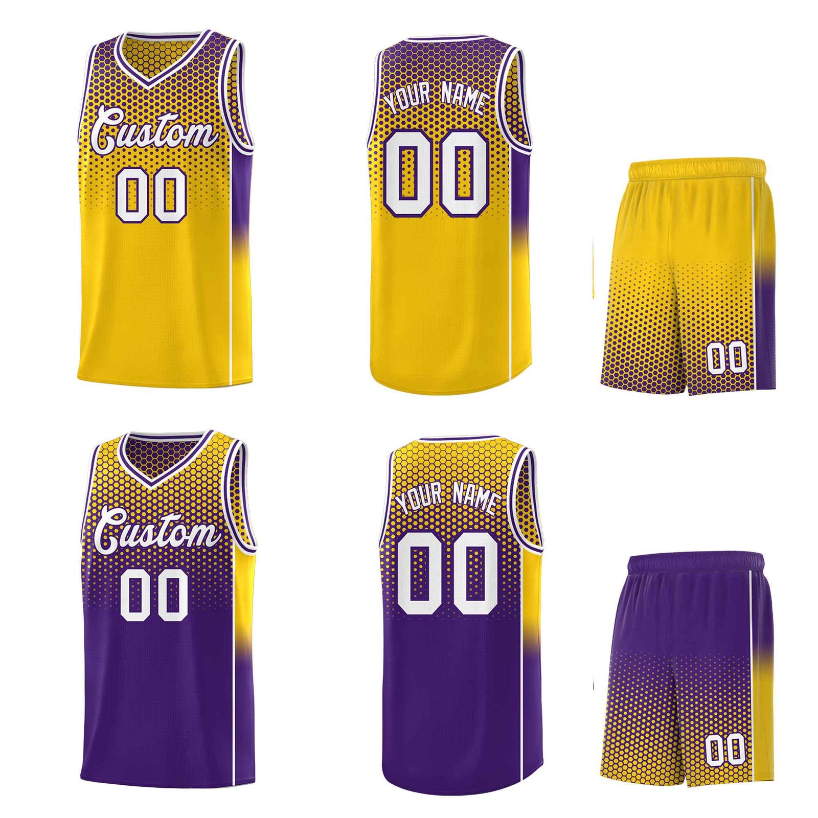 Custom Gold Purple Reversible Side Gradient Sports Uniform Dot Pattern Basketball Jersey Kits