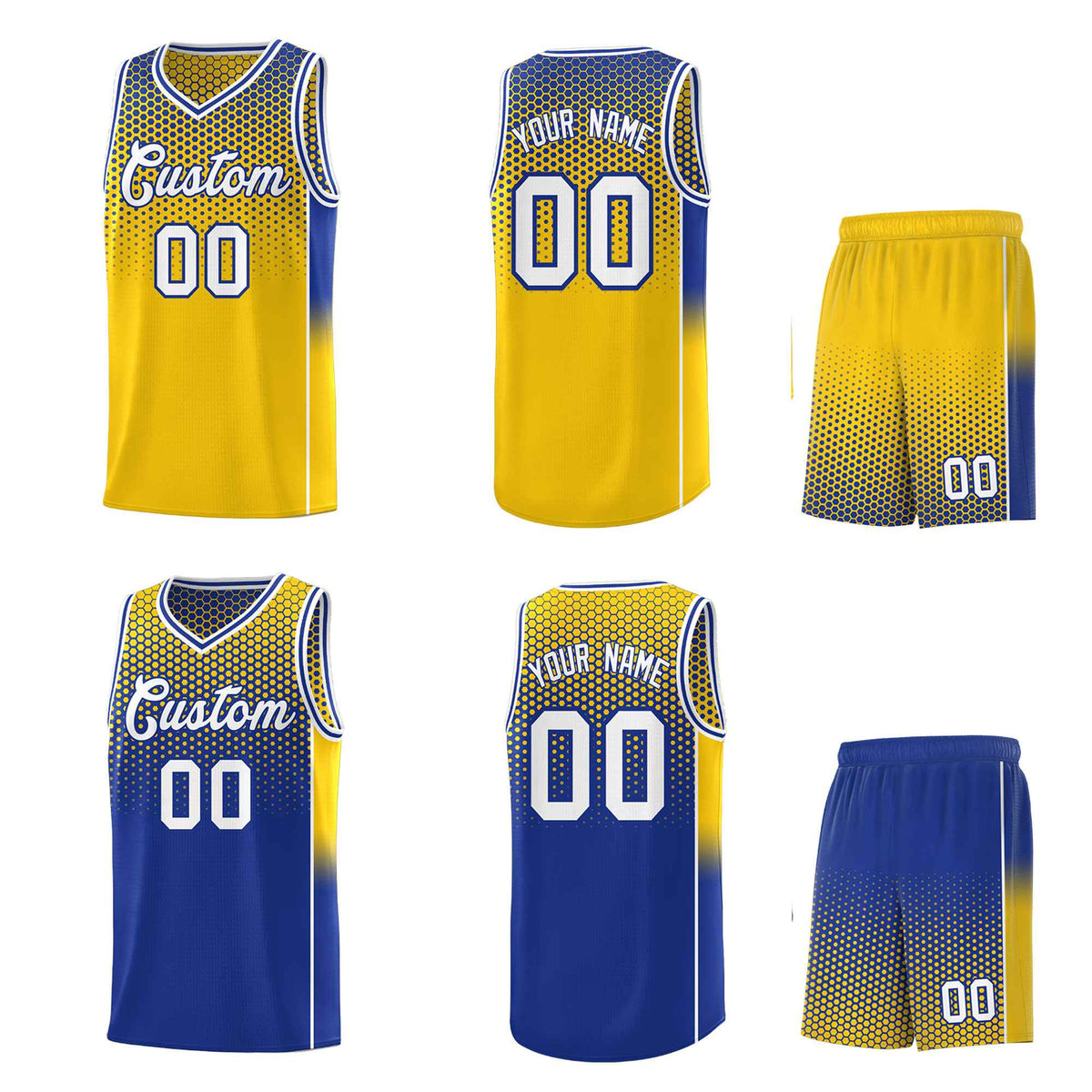 Custom Gold Royal Reversible Side Gradient Sports Uniform Dot Pattern Basketball Jersey Kits