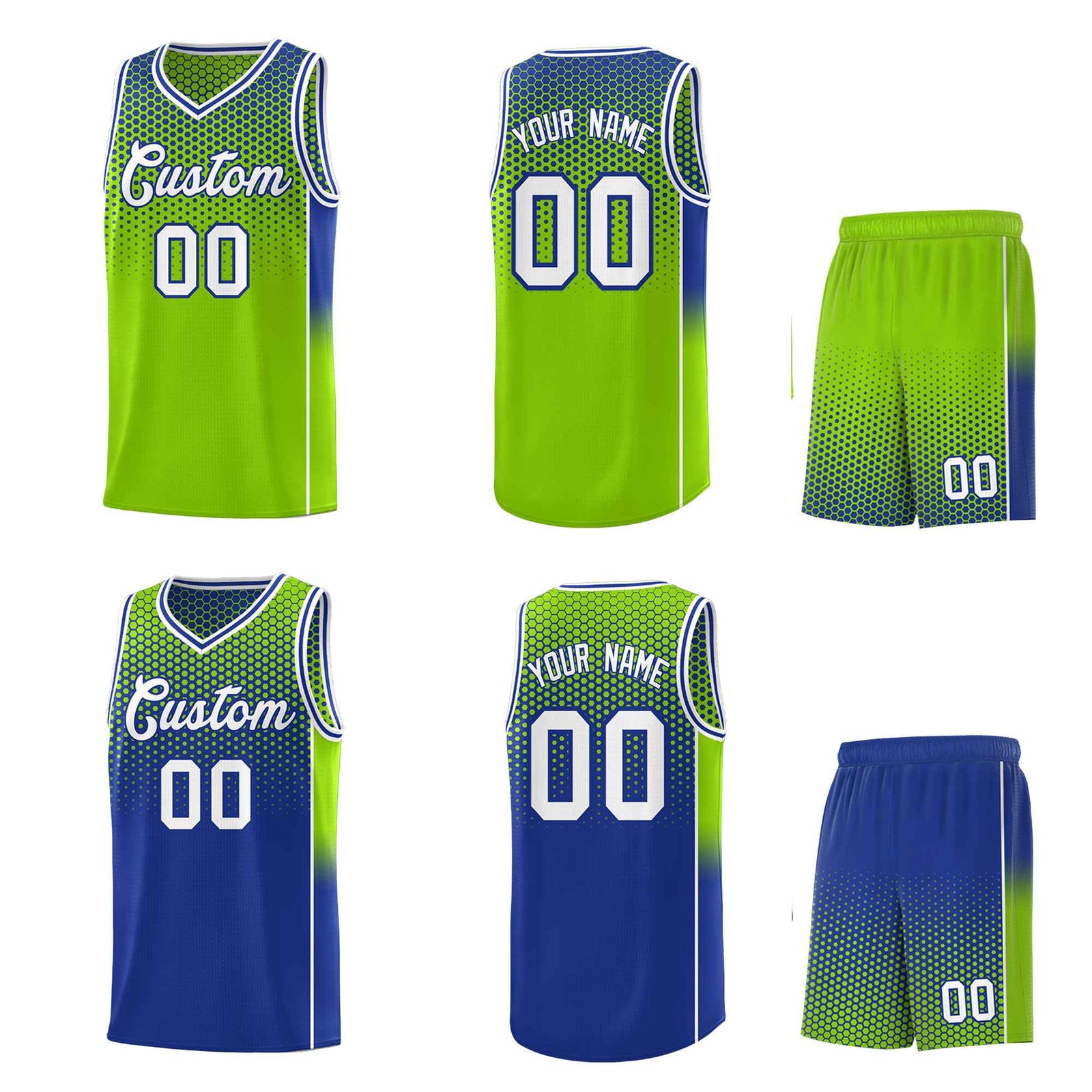 Custom Neon Green Royal Reversible Side Gradient Sports Uniform Dot Pattern Basketball Jersey Kits
