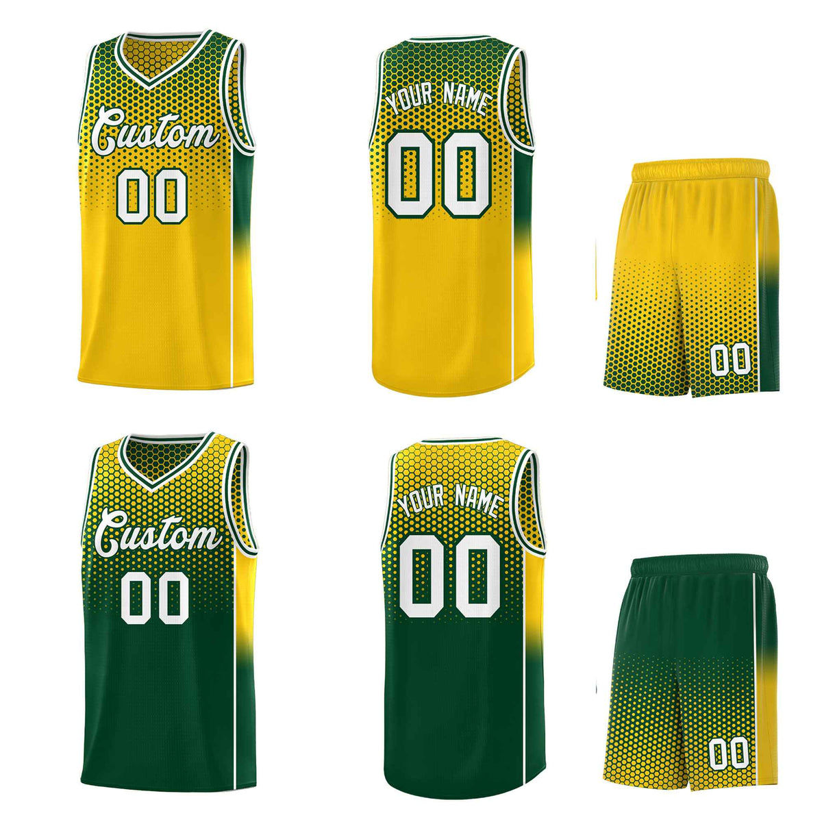 Custom Gold Green Reversible Side Gradient Sports Uniform Dot Pattern Basketball Jersey Kits