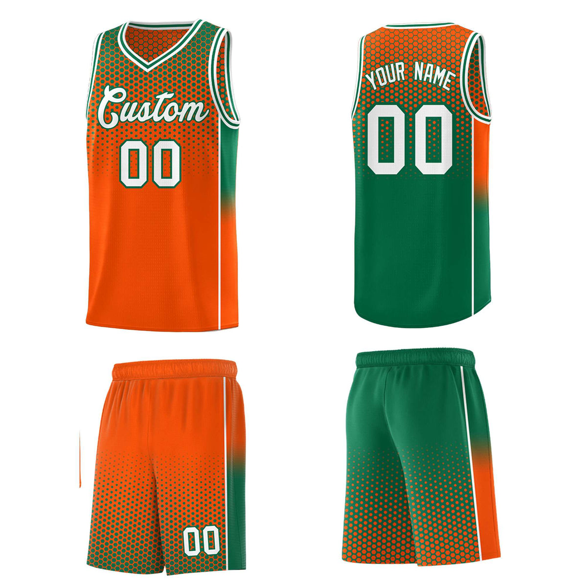 Custom Orange Kelly Green Reversible Side Gradient Sports Uniform Dot Pattern Basketball Jersey Kits