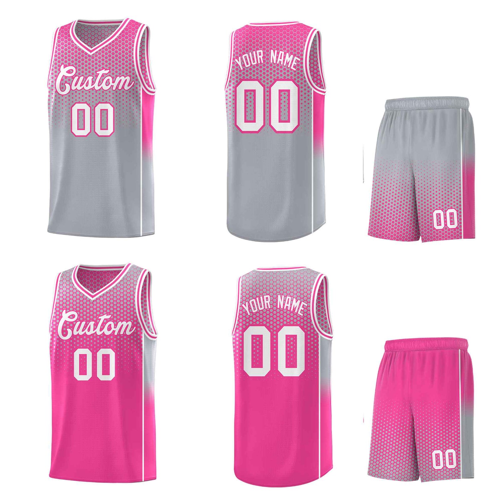 Custom Gray Pink Reversible Side Gradient Sports Uniform Dot Pattern Basketball Jersey Kits