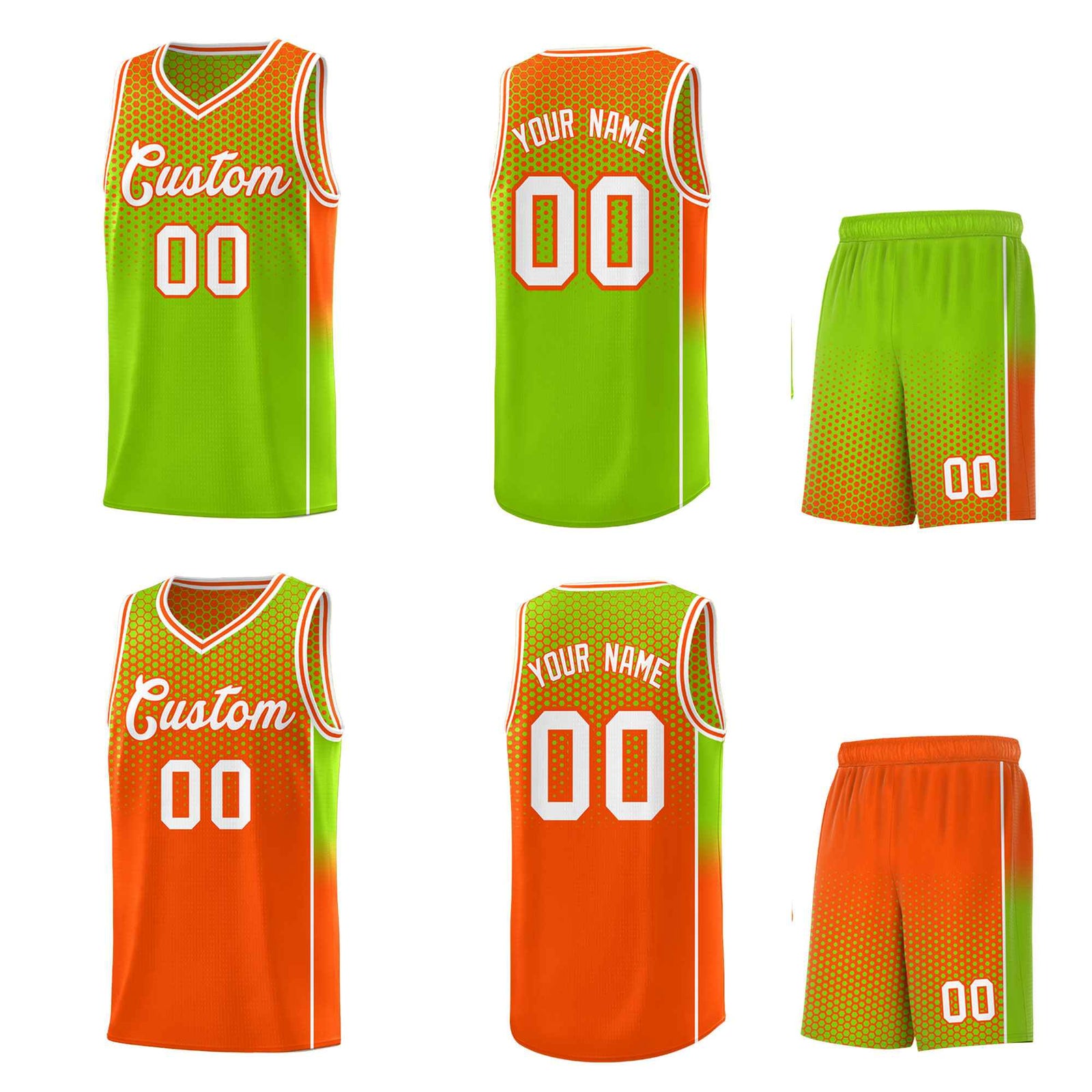 Custom Neon Green Orange Reversible Side Gradient Sports Uniform Dot Pattern Basketball Jersey Kits