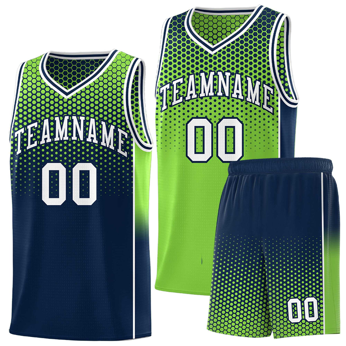 Custom Neon Green Navy Reversible Side Gradient Sports Uniform Dot Pattern Basketball Jersey Kits