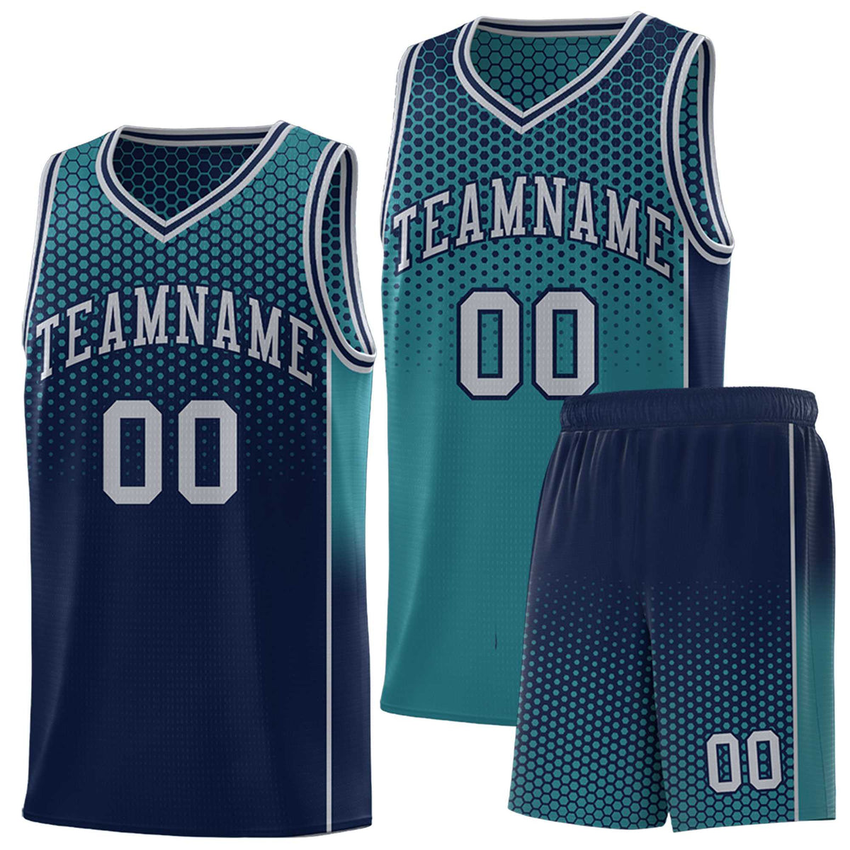 Custom Aqua Navy Reversible Side Gradient Sports Uniform Dot Pattern Basketball Jersey Kits