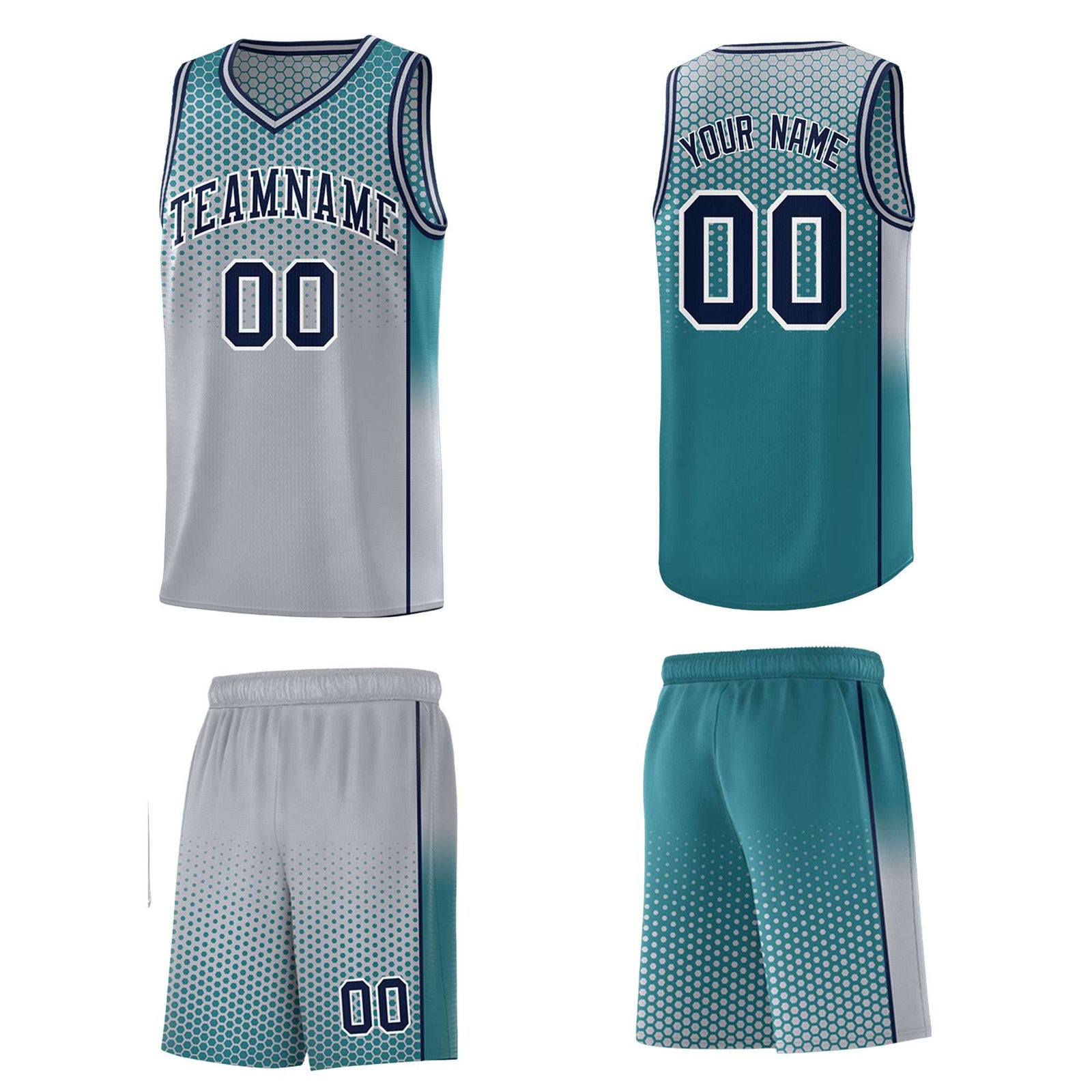 Custom Gray Aqua Reversible Side Gradient Sports Uniform Dot Pattern Basketball Jersey Kits