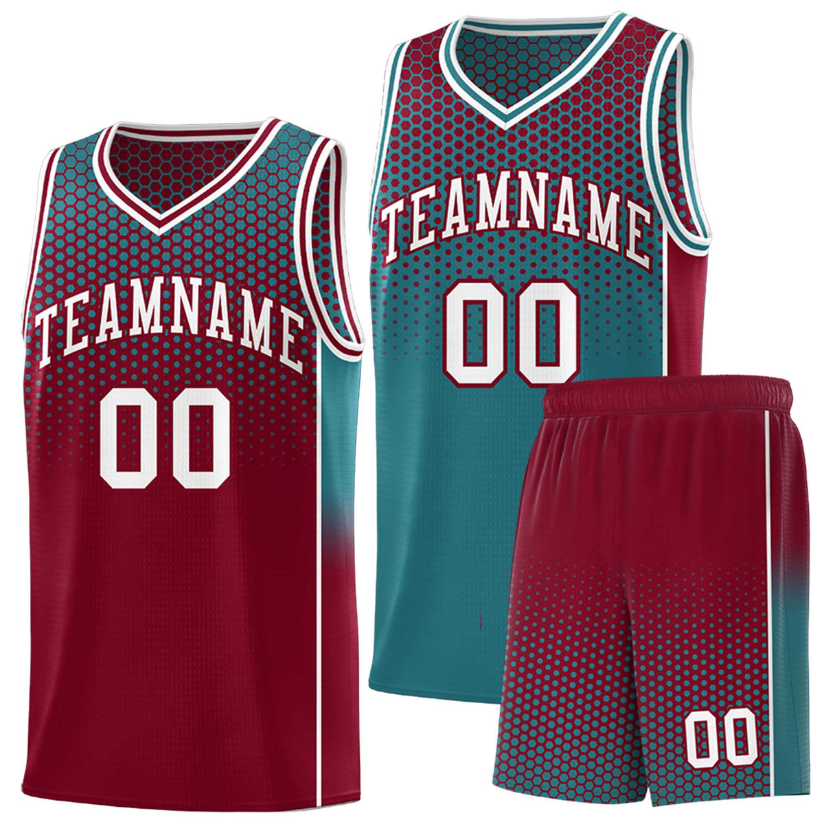 Custom Teal Crimson Reversible Side Gradient Sports Uniform Dot Pattern Basketball Jersey Kits