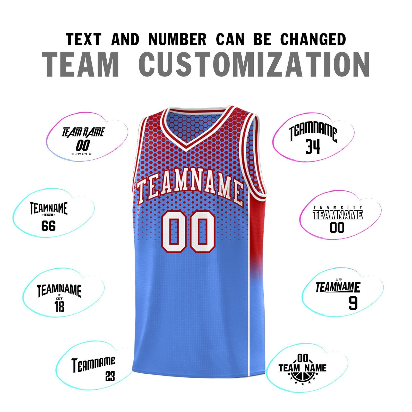Custom Light Blue Red Reversible Side Gradient Sports Uniform Dot Pattern Basketball Jersey Kits