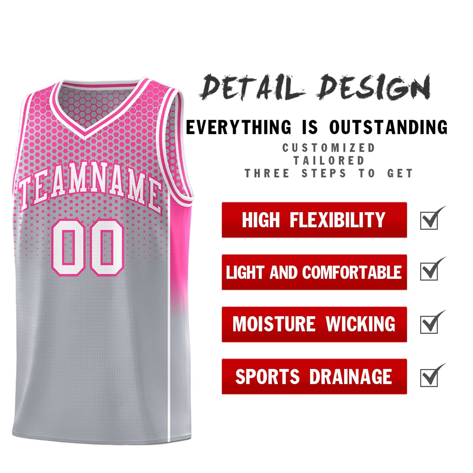 Custom Gray Pink Reversible Side Gradient Sports Uniform Dot Pattern Basketball Jersey Kits