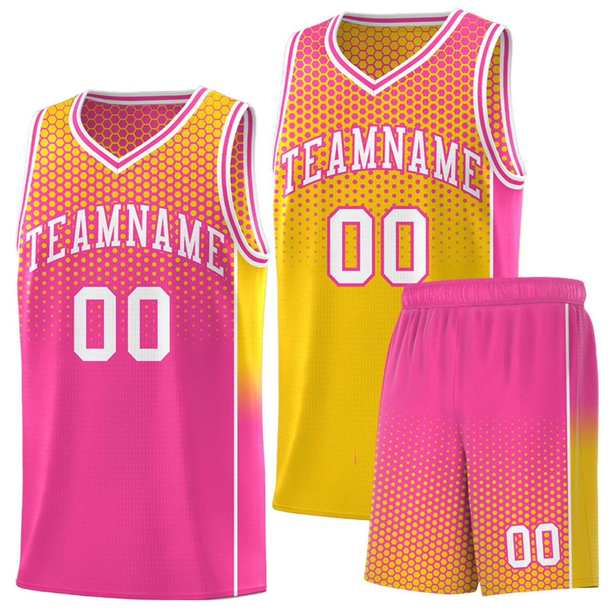 Custom Gold Pink Reversible Side Gradient Sports Uniform Dot Pattern Basketball Jersey Kits