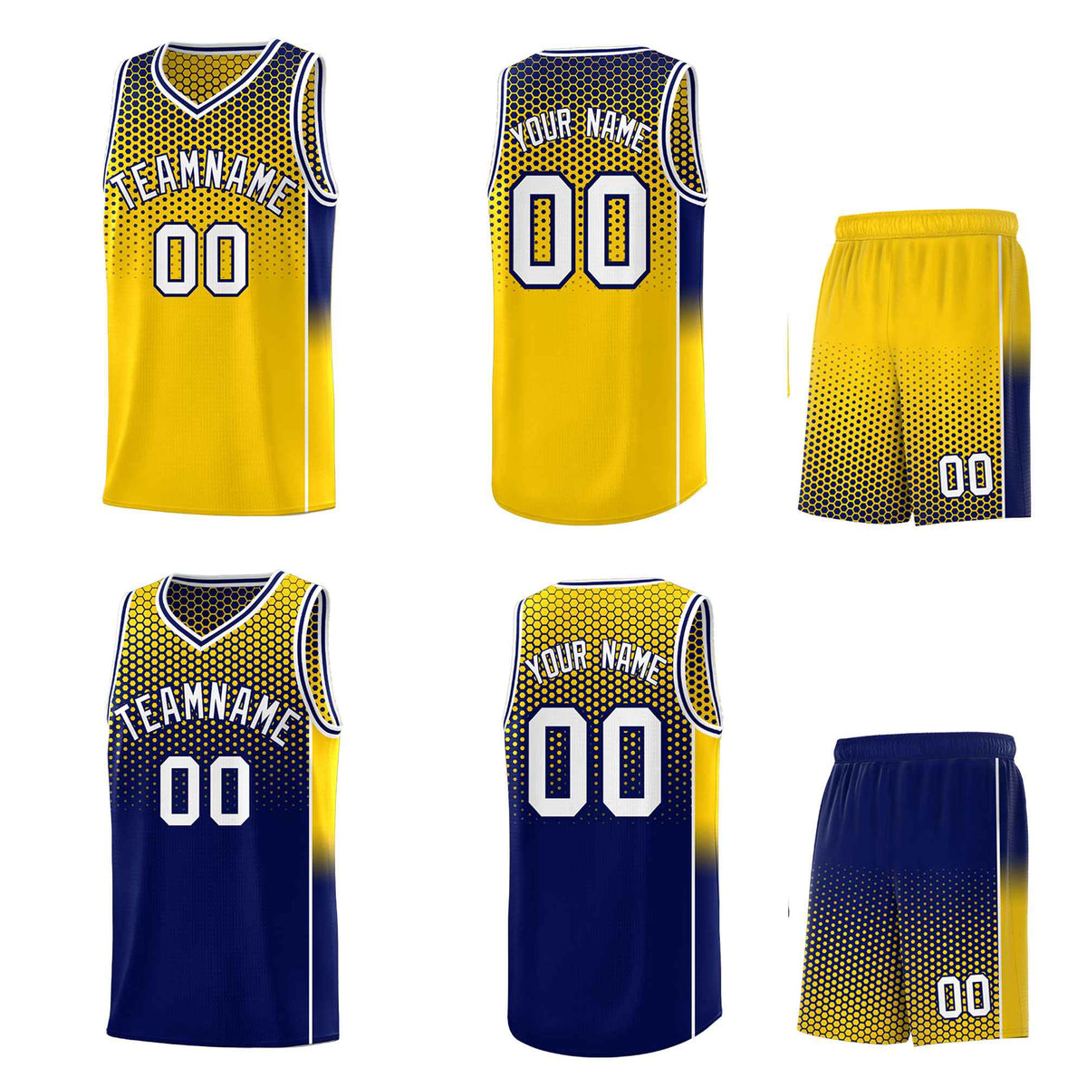 Custom Gold Navy Reversible Side Gradient Sports Uniform Dot Pattern Basketball Jersey Kits