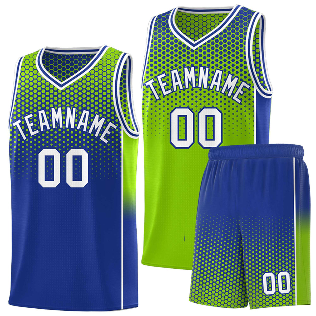 Custom Neon Green Royal Reversible Side Gradient Sports Uniform Dot Pattern Basketball Jersey Kits