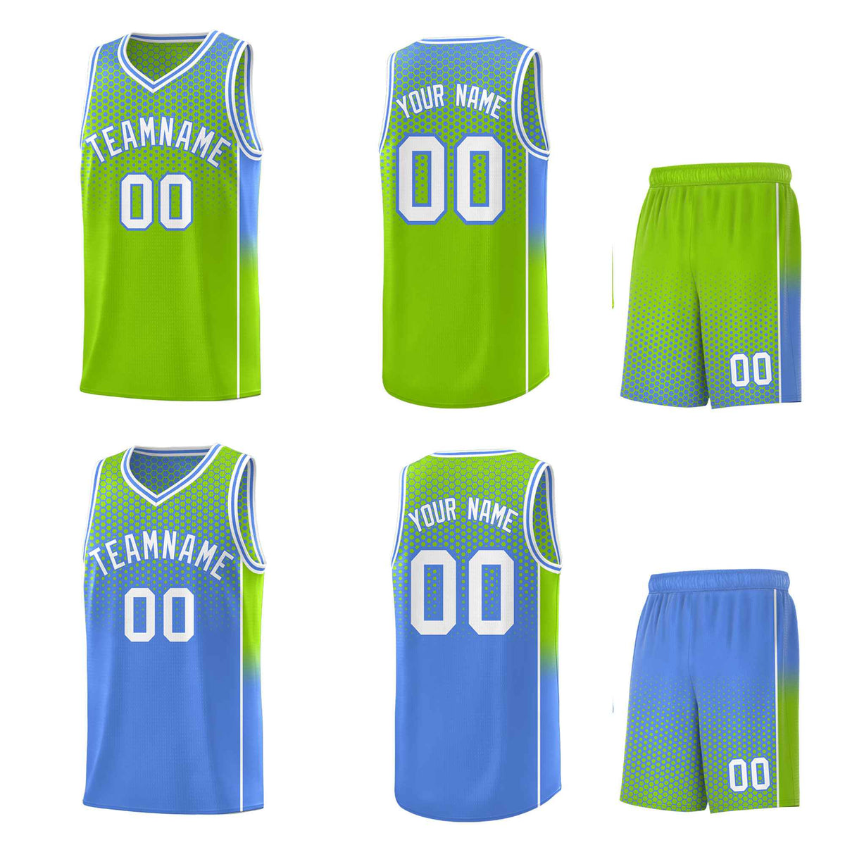 Custom Neon Green Light Blue Reversible Side Gradient Sports Uniform Dot Pattern Basketball Jersey Kits